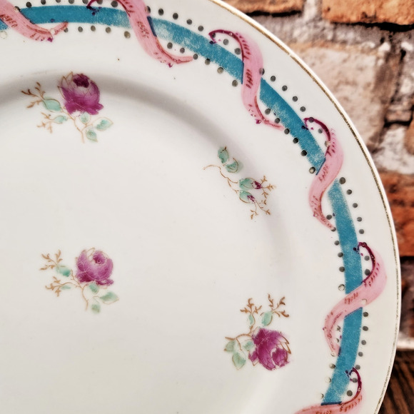 Vintage Porcelain Ribbon & Rose Plates Set of 4 (8") Cottagecore Shabby Chic - Picture 4 of 5